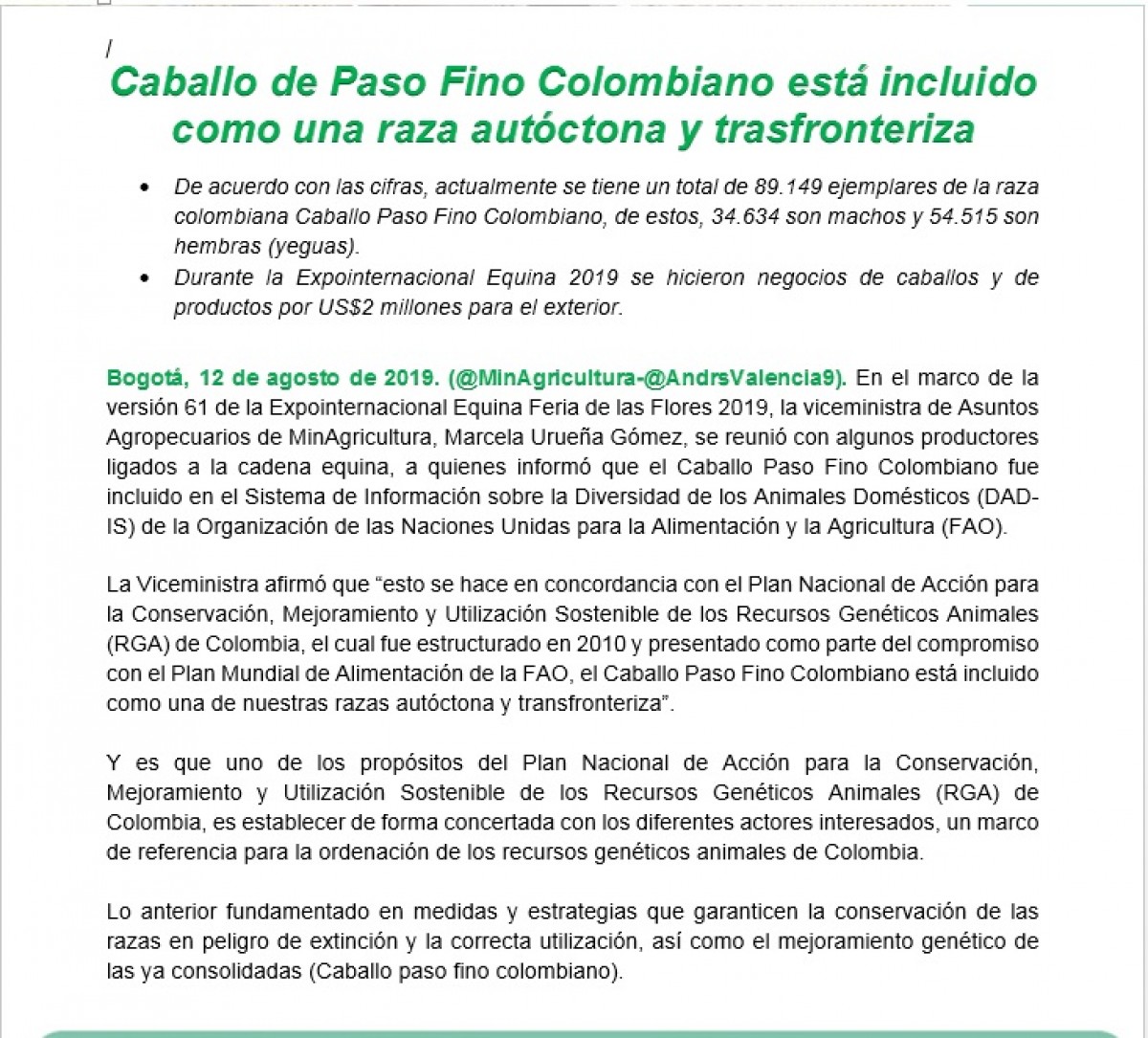 Boletín de Prensa: Caballo de Paso Fino Colombiano está incluido como una raza