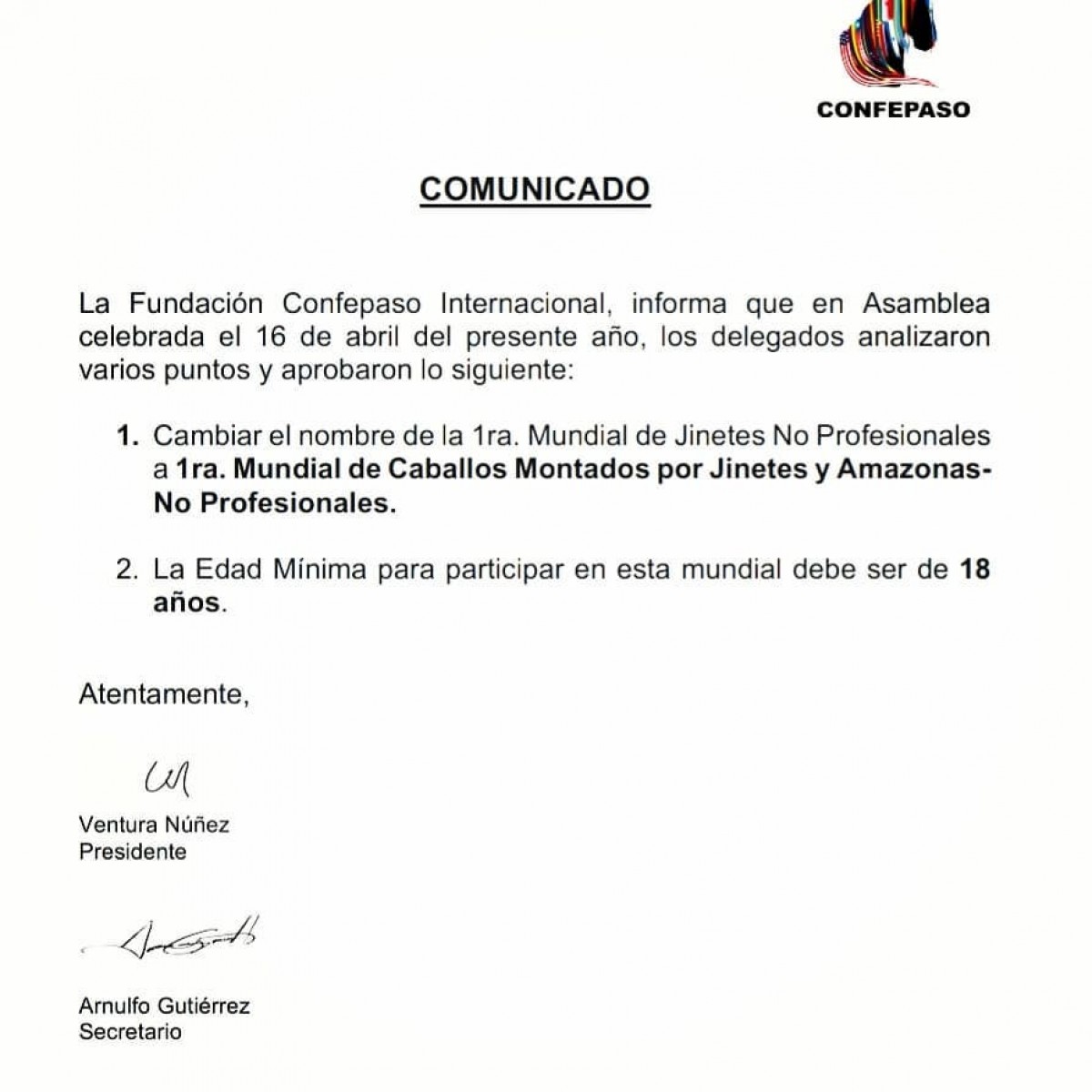 Comunicado:1ra Mundial de Caballos Montados por Jinetes y Amazonas no Profesionales