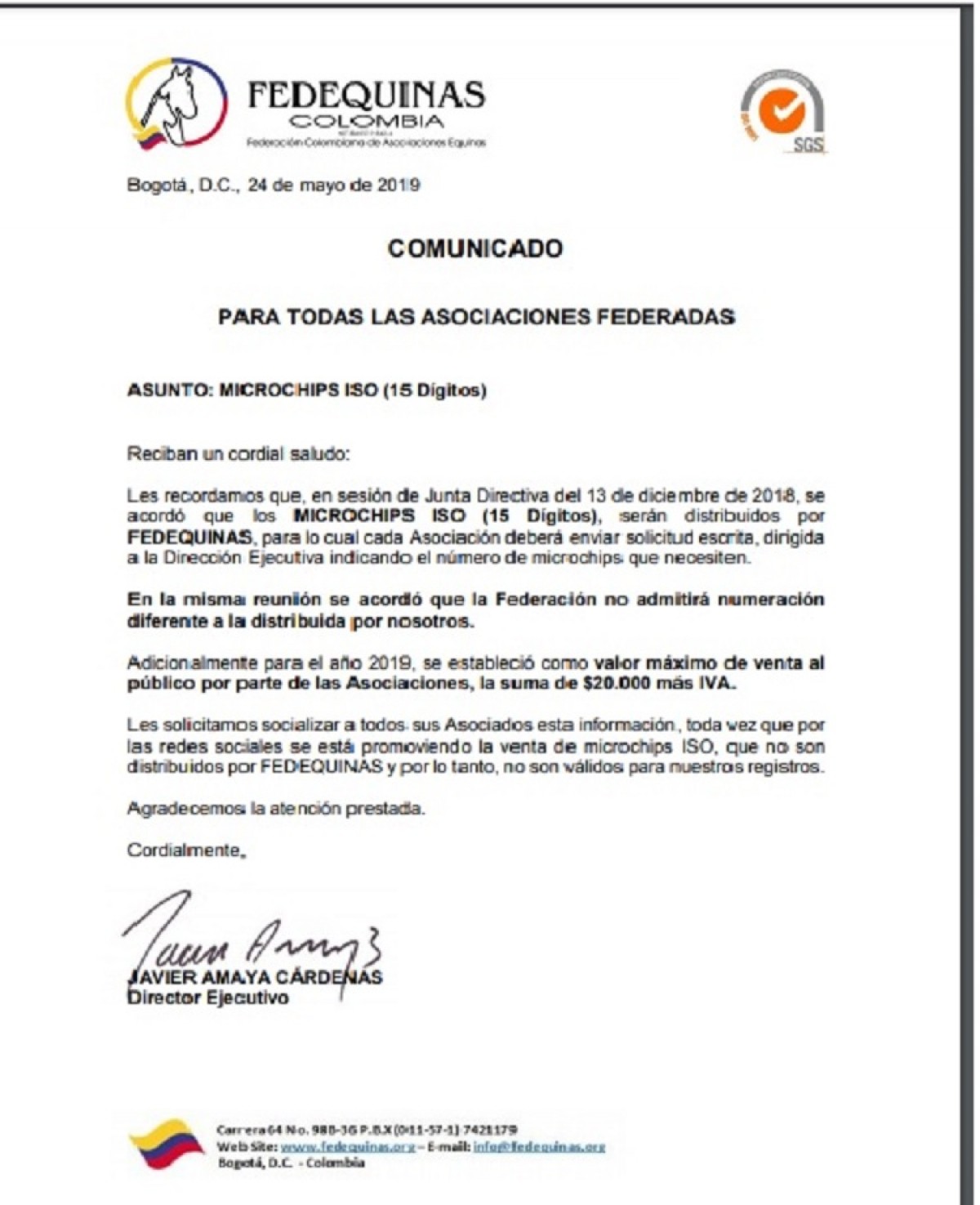 Comunicado Fedequinas Microchips ISO