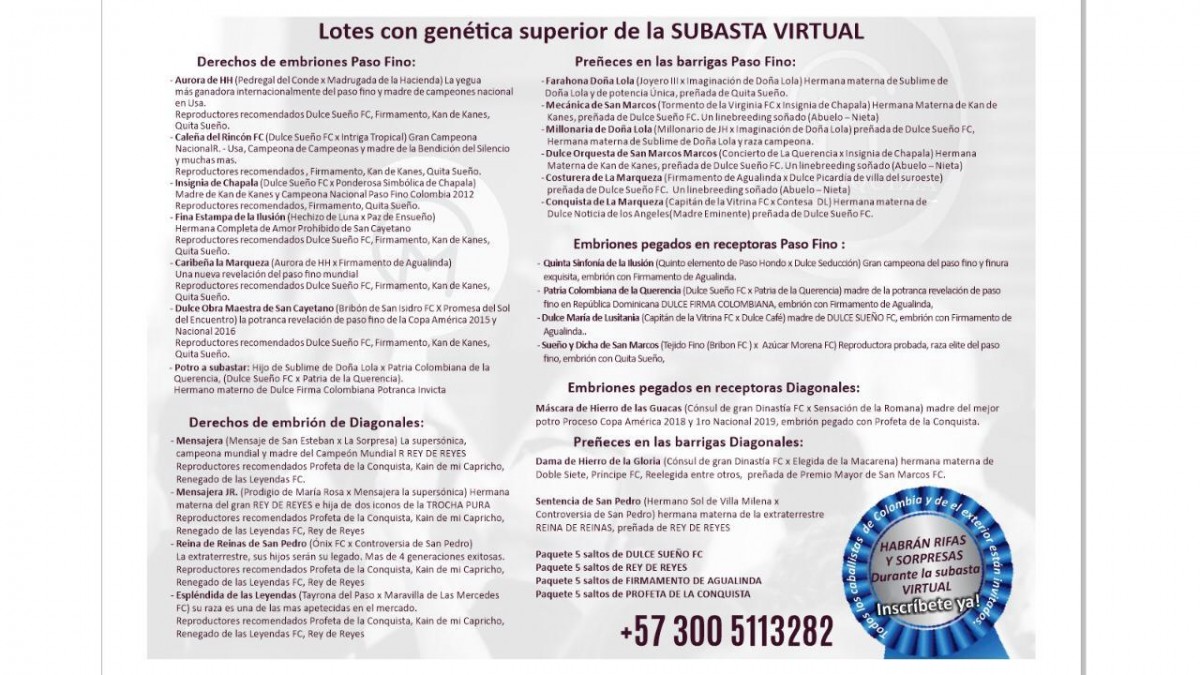 Lotes Con Genética Superior, Subasta Virtual 4 de Mayo