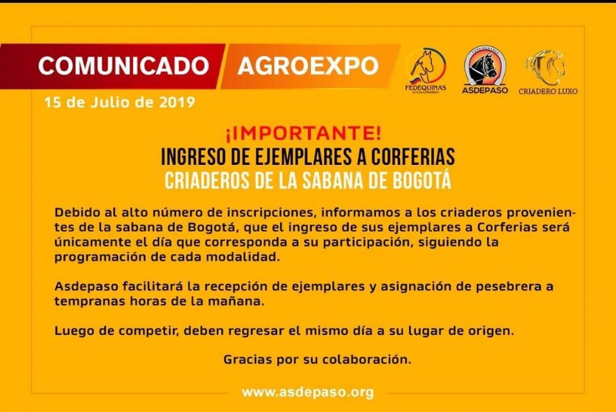 IMPORTANTE Ingreso de Ejemplares A Corferias, Agroexpo 2019