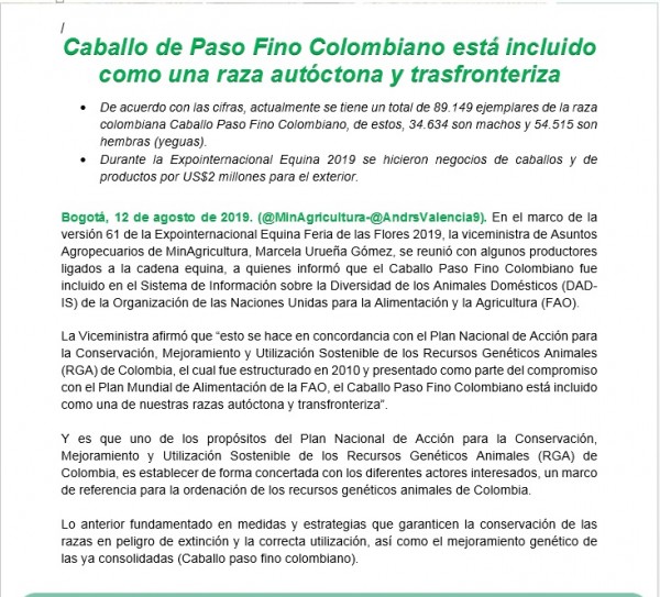 https://suscaballos.com/Boletín de Prensa: Caballo de Paso Fino Colombiano está incluido como una raza