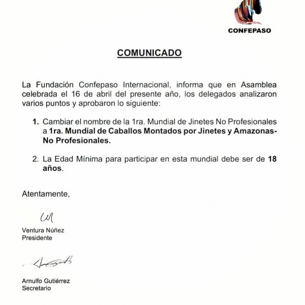 https://suscaballos.com/Comunicado:1ra Mundial de Caballos Montados por Jinetes y Amazonas no Profesionales